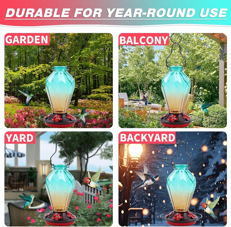 MCHBF Glass Hummingbird Feeder for Outdoors Hanging, 25Oz Humming Bird Nectar Feeder, Perch, 5 Flower Feeding Ports, Leak Proof Base, Hook for Outside Garden Backyard, Gift for Women, Diamond Green - Image 5
